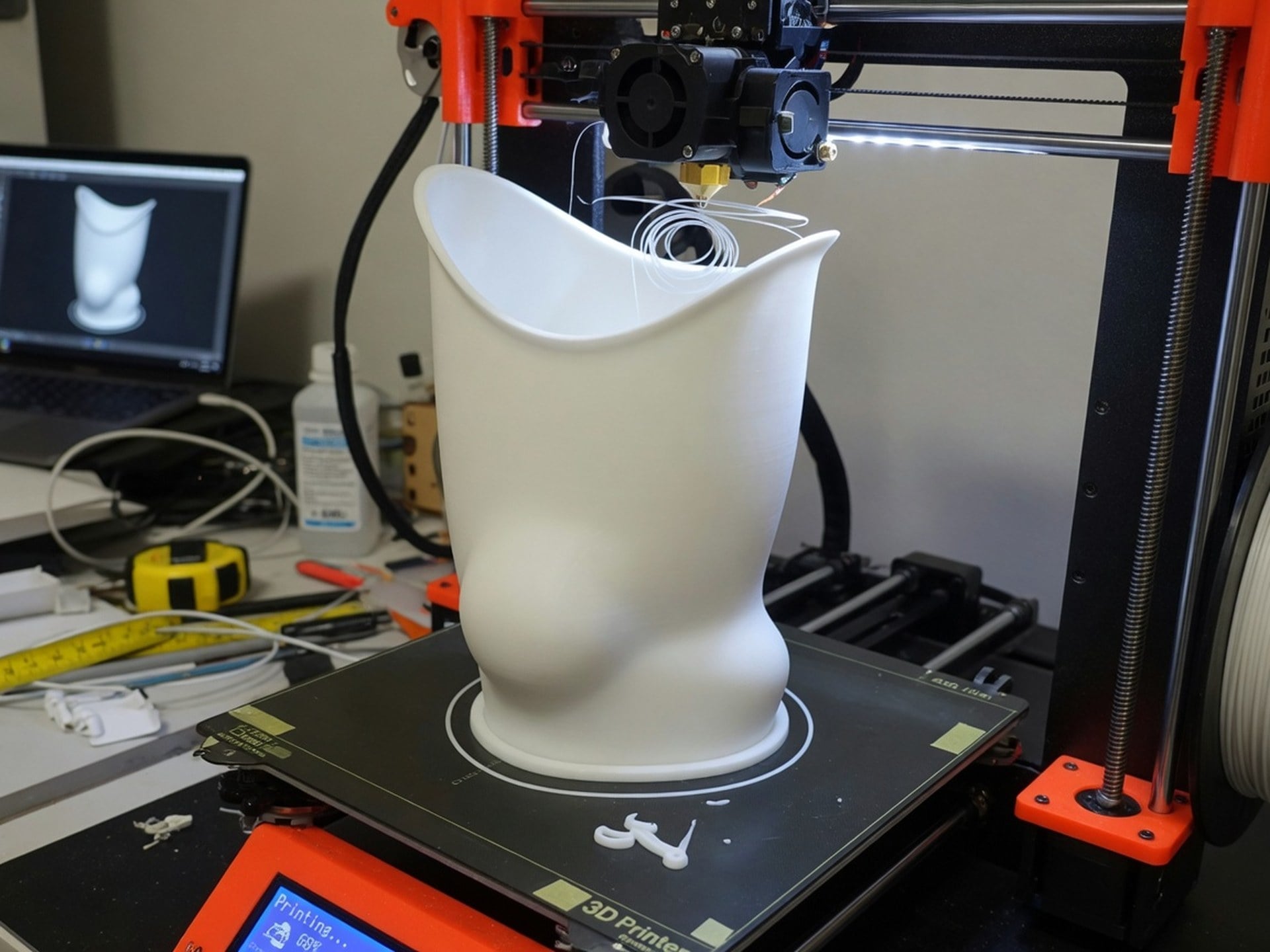 3D-printed prosthetic socket on the printer bed
