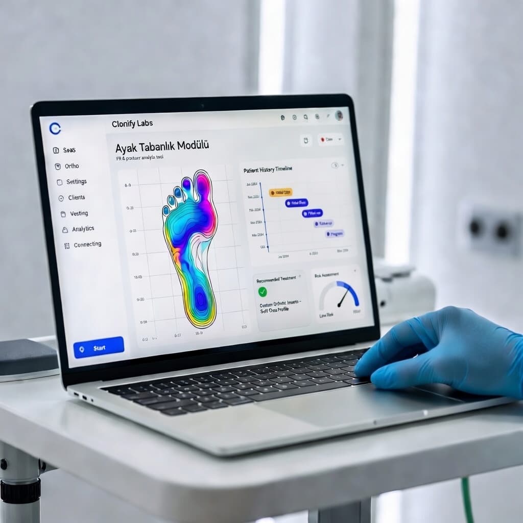 The Clonify insole module open on a laptop on a clinic desk: foot pressure map and patient history timeline