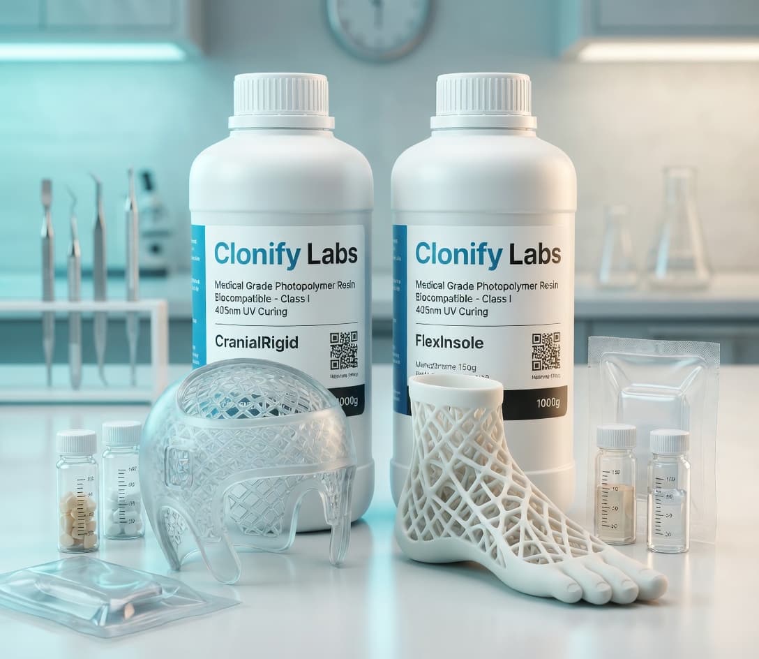 Clonify Labs-branded medical photopolymer resin bottles with a 3D-printed lattice cranial helmet and foot model
