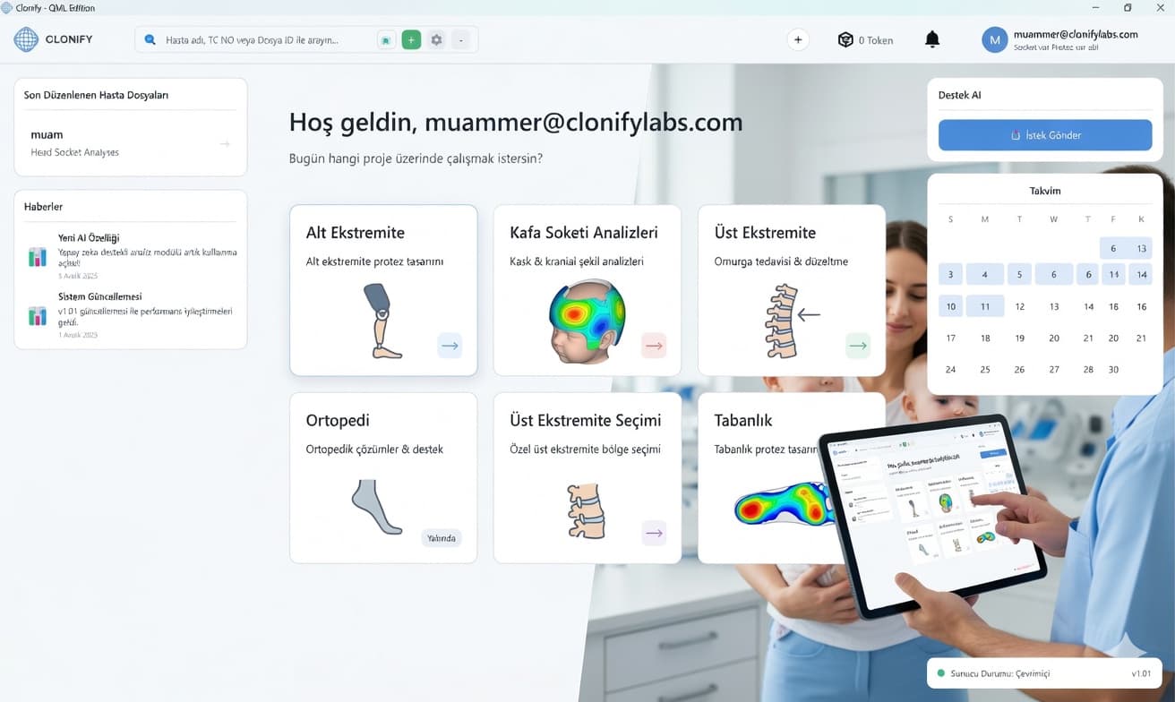 Home screen of the Clonify desktop app: lower-limb, head-socket and insole module cards, recent patient files and the clinic calendar